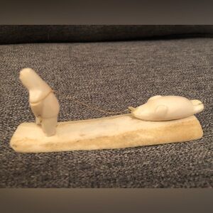 Signed Caribou Antler Carving Hunter and Seal M. Tallerk Pelly Bay NWT 4.5” Long